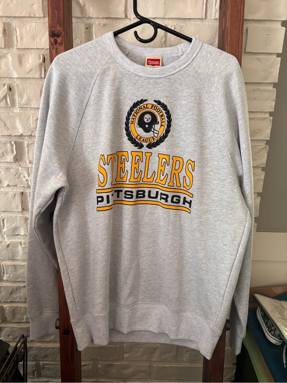 HOMAGE Light Gray Pittsburgh Steelers Crewneck with Yellow Logo